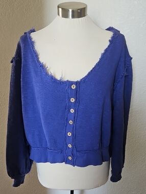 Free People Cobalt Blue Raw-Edge Button-Front Cropped Sweatshirt